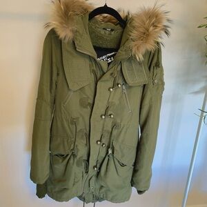 SLY Olive Green Slim Fit Puffer Jacket with Removable Lining | Size S